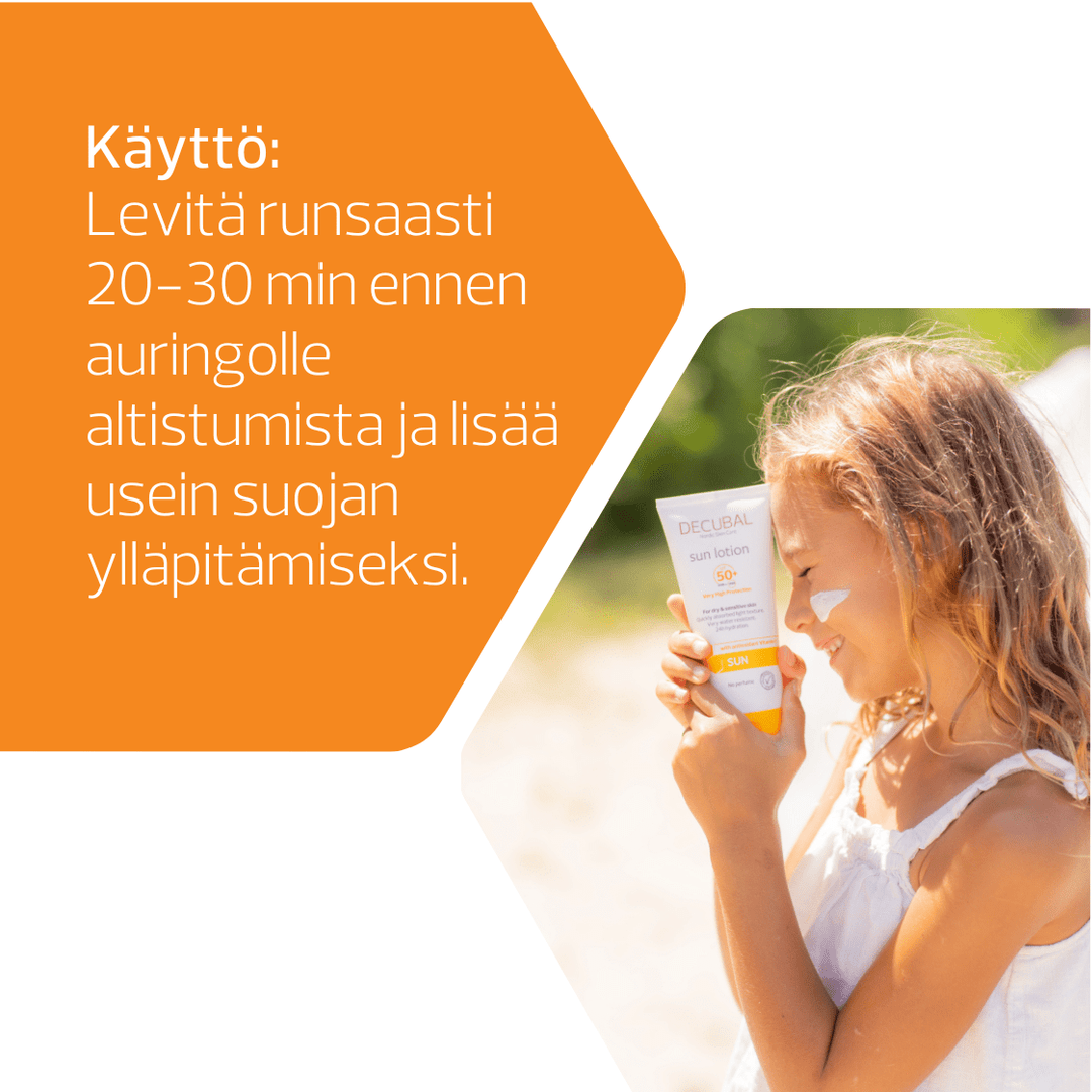 Decubal Body Sunlotion SPF50+ Tuubi soveltuu myös herkälle iholle
