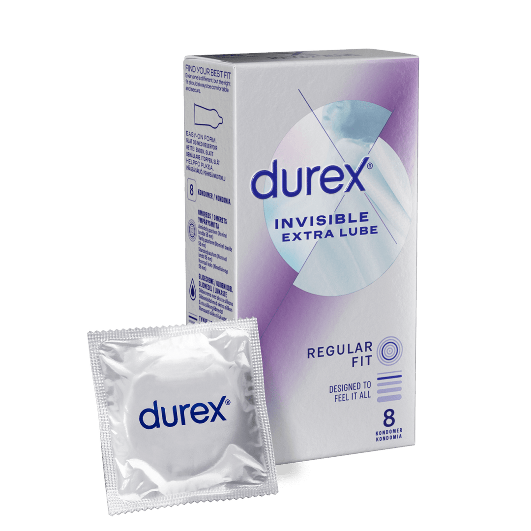 Durex Invisible Extra Lube Regular Fit Kondomi 8 kpl - 8 kappaletta liukastettuja kondomeja normaalikokoisina