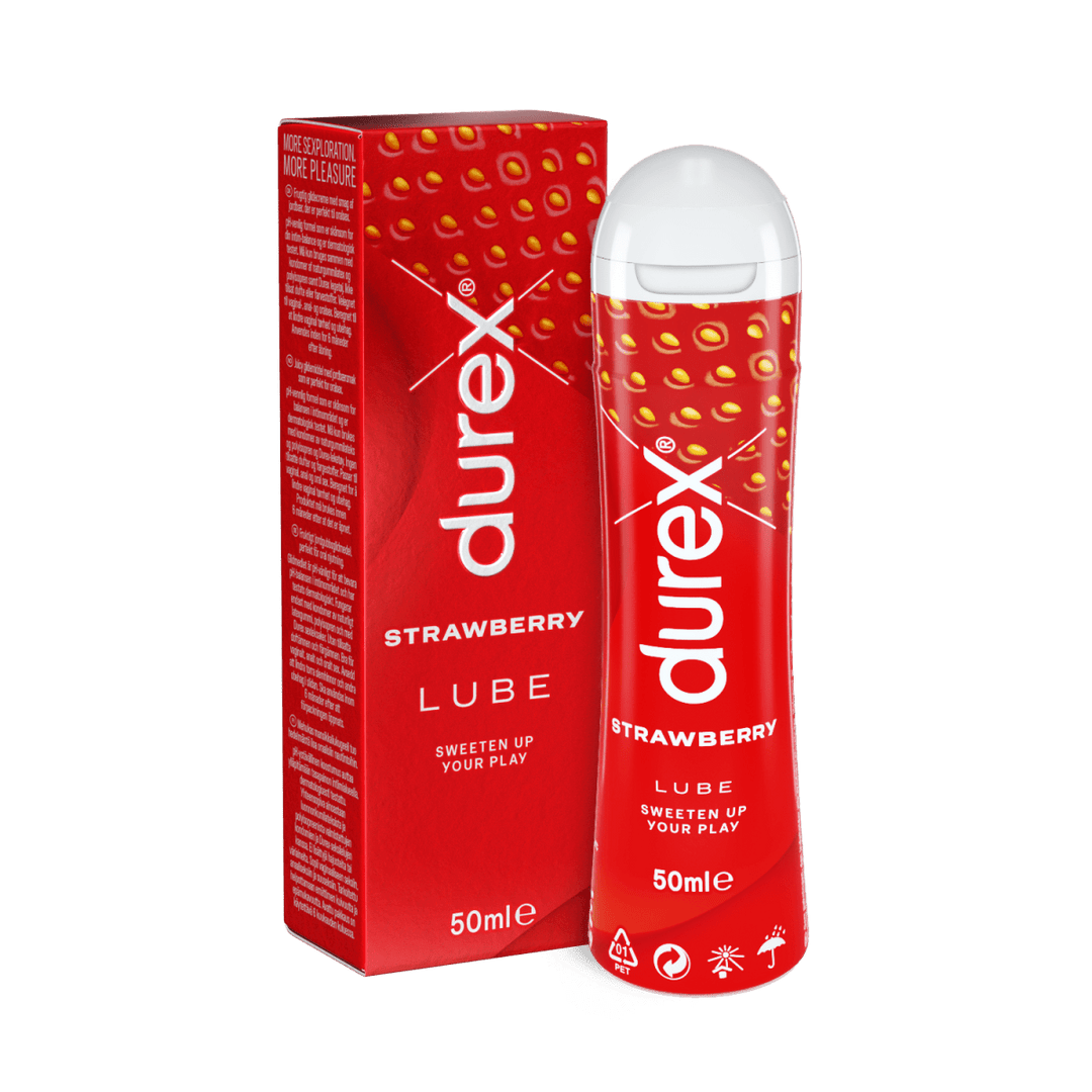 Durexin Mansikka Liukastingeeli 50 ml -tuotteen kuva, joka on tarkoitettu intiimialueen liukuvoiteeksi