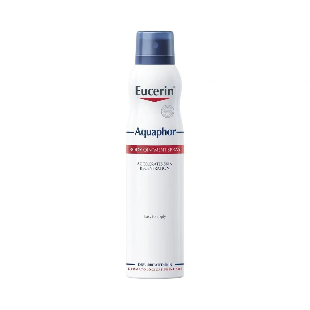 

Eucerin Aquaphor Body Ointment Spray - Kuva 1: Tuote suihkutettuna iholle luoden suojakalvon 