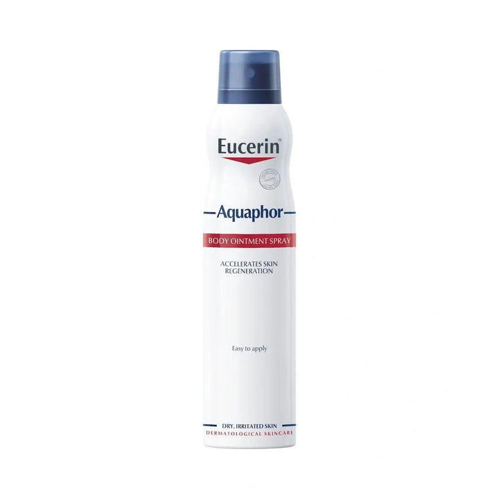 

Eucerin Aquaphor Body Ointment Spray - Kuva 1: Tuote suihkutettuna iholle luoden suojakalvon 