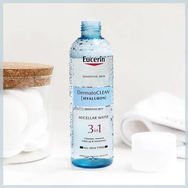 Eucerin DermatoCLEAN [HYALURON] 3 in 1 Micellar Water sisältää APG-kompleksin, glukoglyserolin ja hyaluronihapon vaikuttavia ainesosia
