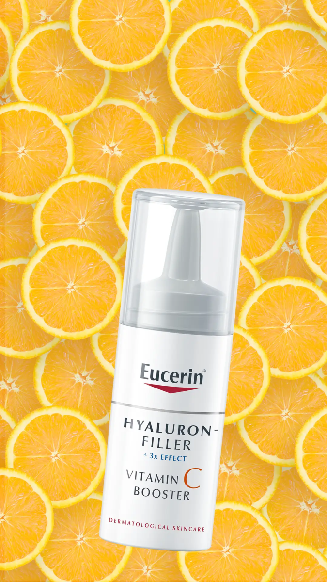 Eucerin Hyaluron-Filler Vitamin C Booster Seerumi -tuote auttaa tasoittamaan juonteita ja saa ihon näyttämään raikkaammalta