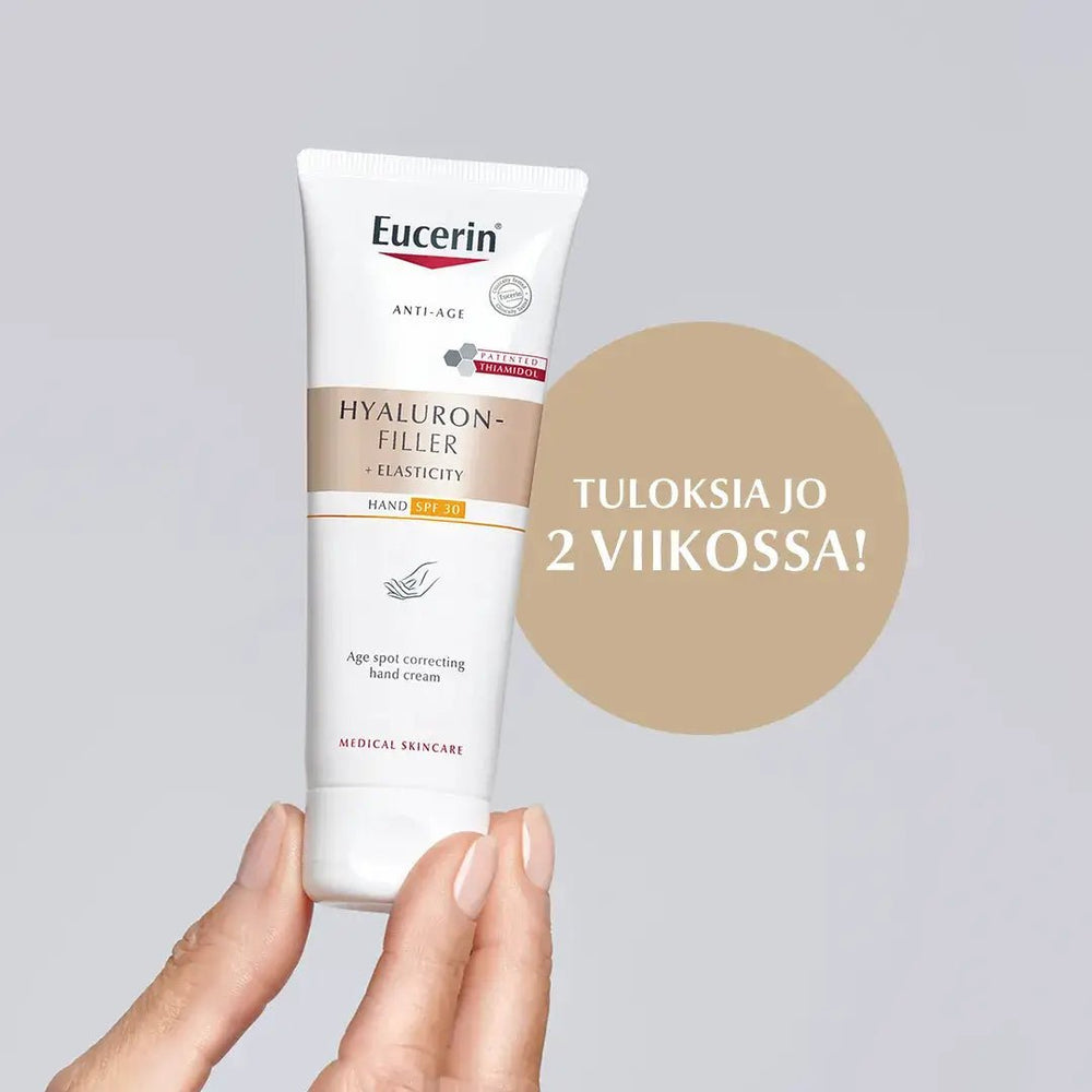  Eucerin Hyaluron-Filler+Elasticity Age Spot Correcting Käsivoide SPF 30 - Tuote ikääntyvälle käsien iholle 