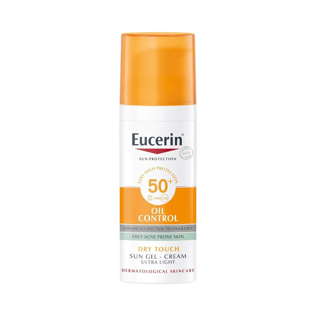 Tuotekuvaus: Eucerin Sun Gel-Cream Oil Control SPF 50+ suojaa rasvoittuvaa ja akneen taipuvaista ihoa auringon polttamiselta ja auringon aiheuttamilta ihovaurioilta