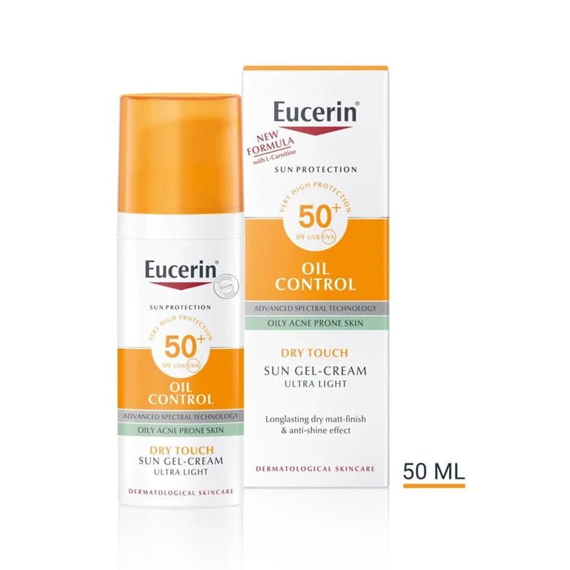 Eucerin Sun Gel-Cream Oil Control SPF 50+ ei jätä rasvaista tunnetta iholle, on erittäin kevyt, rasvaton ja tahmaamaton