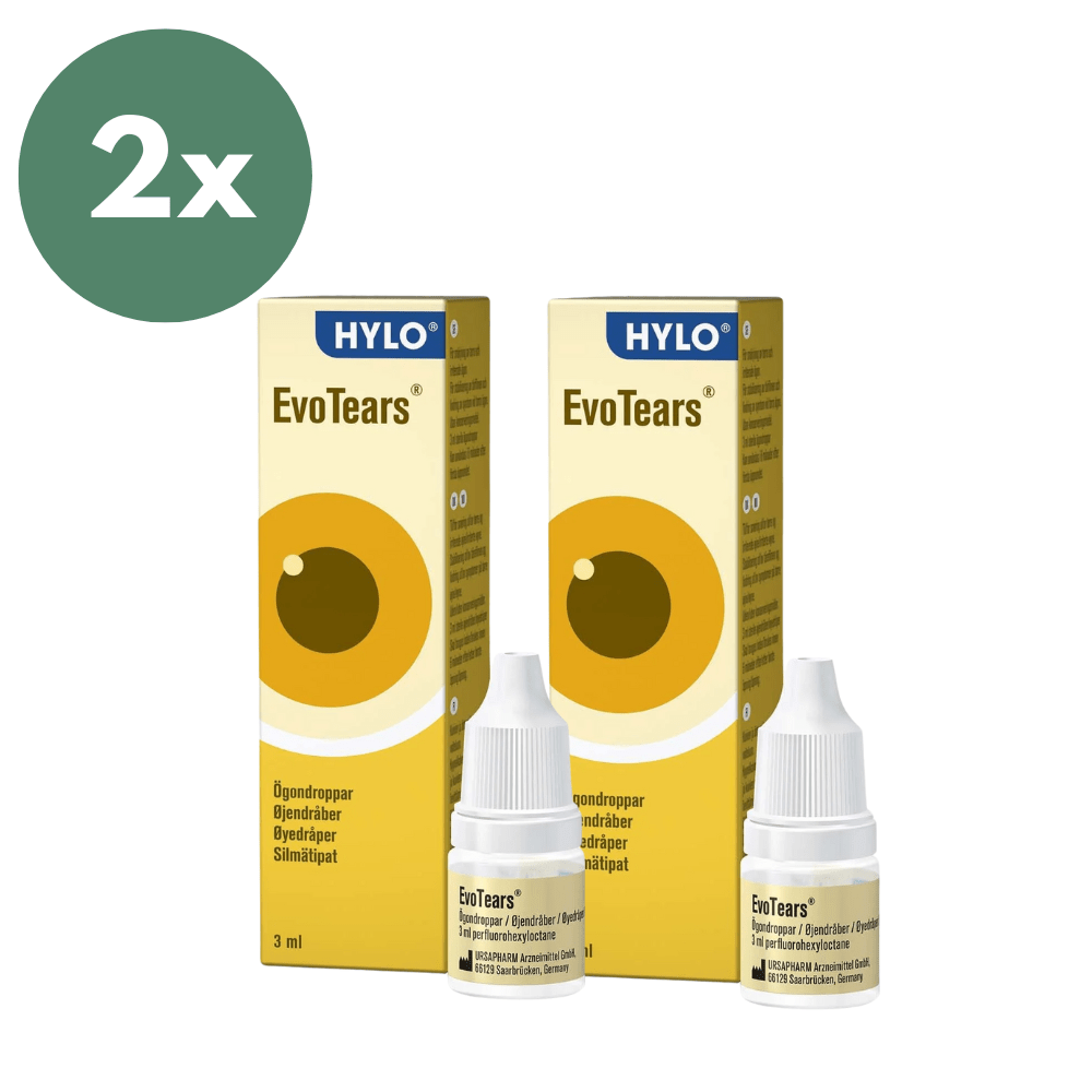 EvoTears lipidipuutokseen 2 x 3 ml -tuotteen kuva, joka sisältää kaksi 3 ml:n pulloa