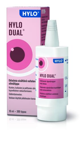 Kuva HYLO Dual Silmätippa 10 ml -tuotteesta, joka on kaksivaikutteinen silmätippa kosteuttamaan ja suojaamaan silmiä