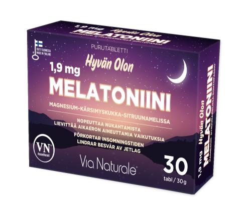Hyvän Olon Melatoniini 1,9 mg, Magnesium-Kärsimyskukka-Sitruunamelissa tabletti 30 kpl - Luonnollinen unilääke melatoniinilla, magnesiumilla, kärsimyskukalla ja sitruunamelissalla