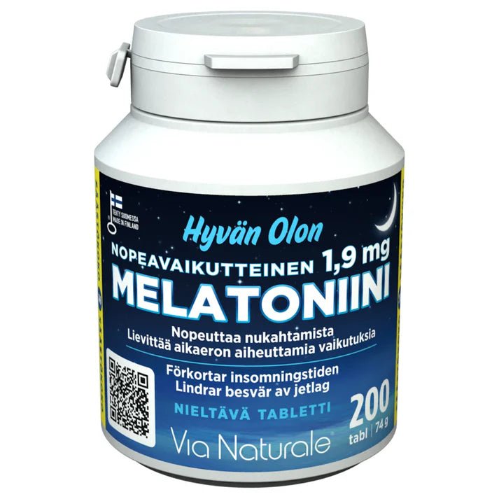 Hyvän Olon Melatoniini 1,9mg, 200 tabl - Luonnollinen unilääke tablettimuodossa, 1,9 mg melatoniinia, 200 kpl