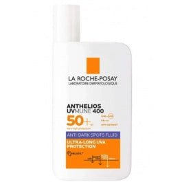 La Roche-Posay Anthelios UVMUNE Anti-Dark Spots SPF50+ 50 ml -tuotteen kuvassa on valkoinen 50 ml:n pullo, jonka etiketissä lukee tuotteen nimi ja ominaisuudet 
