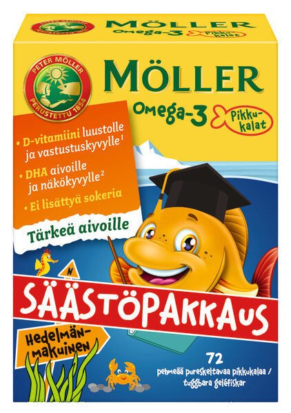 Kuva pehmeästä ja pureskeltavasta Möller Omega-3 Pikkukalat Tutti Frutti -tuotteesta, joka sisältää Omega-3-rasvahapot (DHA+EPA) ja D3-vitamiinia edistäen aivotoiminnan, näkökyvyn, luuston kasvun ja immuunijärjestelmän toimintaa yli 3-vuotiaille lapsille ruokavalion täydentämiseen