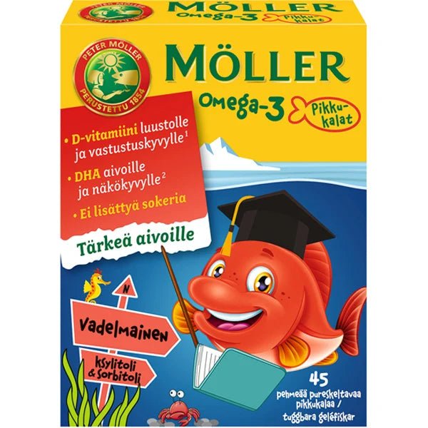 Möller Omega-3 Pikkukalat Vadelmainen 45kpl: Luonnollinen ja laadukas omega-3-ravintolisä lapsille, joissa on herkullinen vadelman maku, 45 kapselia