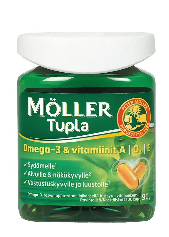 Möller Tupla Omega-3 + A-, D- ja E-vitamiinit -tuote, joka sisältää monipuolisesti terveydelle hyödyllisiä ravinteita