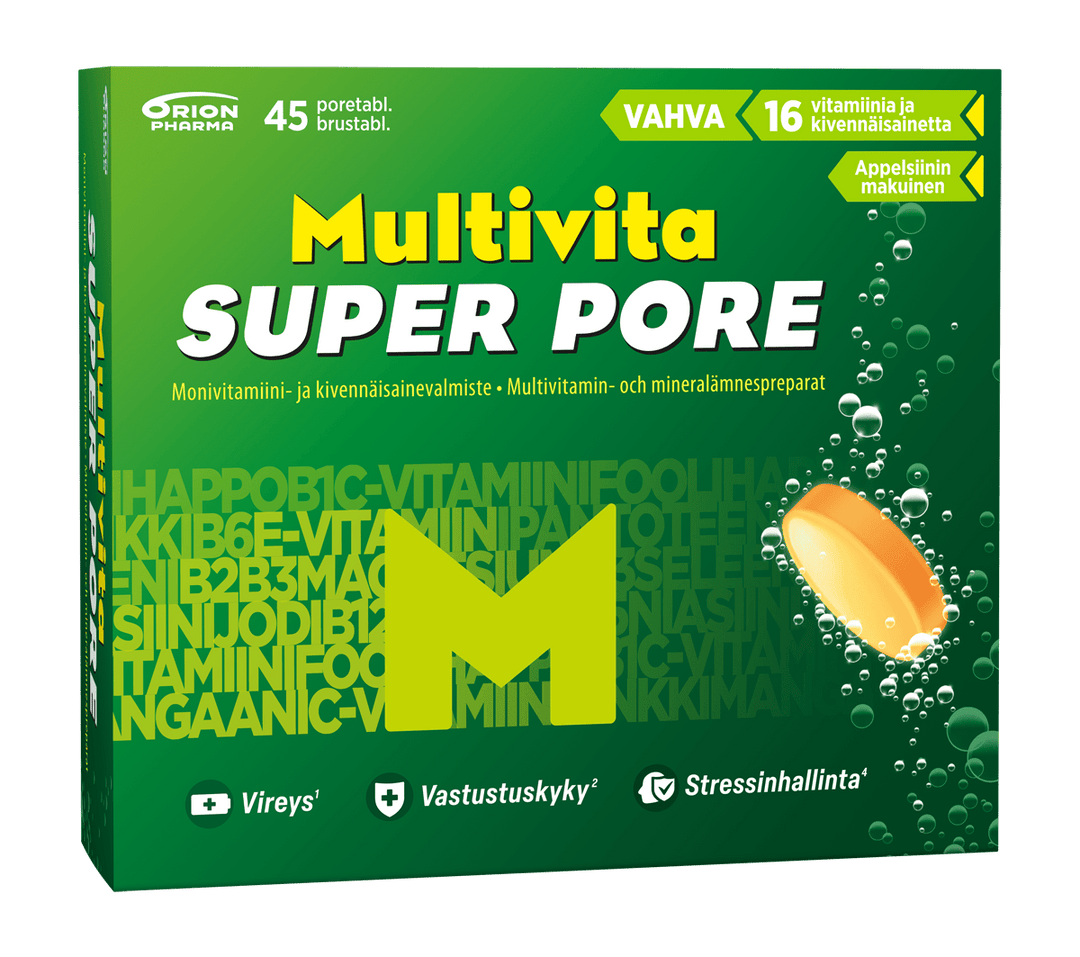 Kuva tuotteesta Multivita Super Pore monivitamiini 45 poretablettia, joka tarjoaa monipuolisen ravintolisän päivittäiseen terveyden ylläpitoon