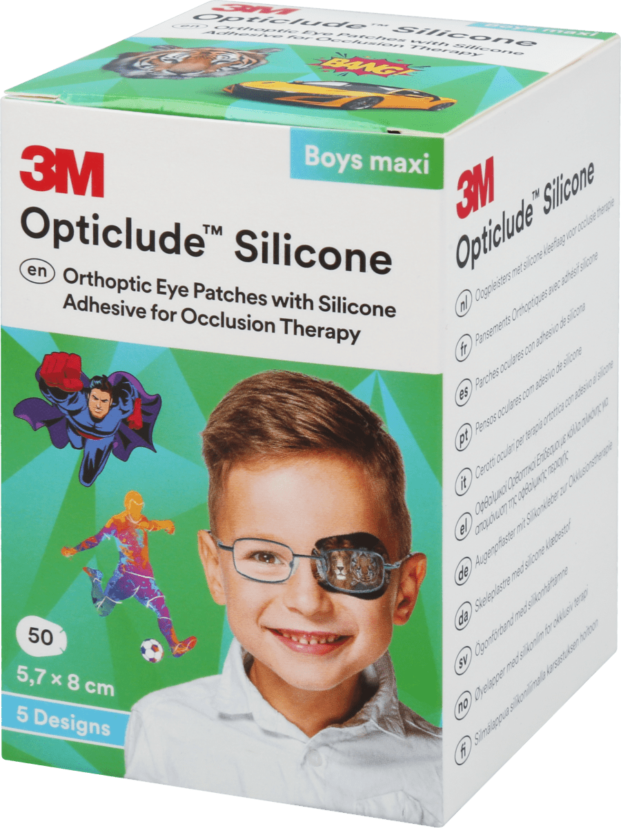 Opticlude Silicone Maxi - 50 kpl lajitelma pojille yli 6 vuotiaille, pitkäkestoista silikonigeeliä sisältävät silmälaput