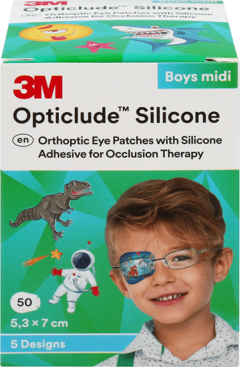 Opticlude Silicone Midi, 3-6 vuotiaille, 50 kpl lajitelma pojille - silikonilaastari, joka sopii 3-6 vuotiaille poikavauvoille