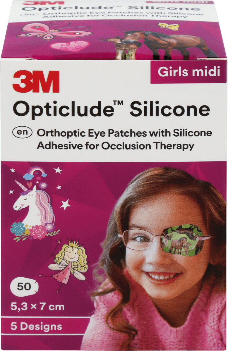 Opticlude Silicone Midi, 3-6 vuotiaille, 50 kpl lajitelma tytöille tuotesisältö altistuslaastari lapsille, jotka ovat iältään 3-6 vuotta