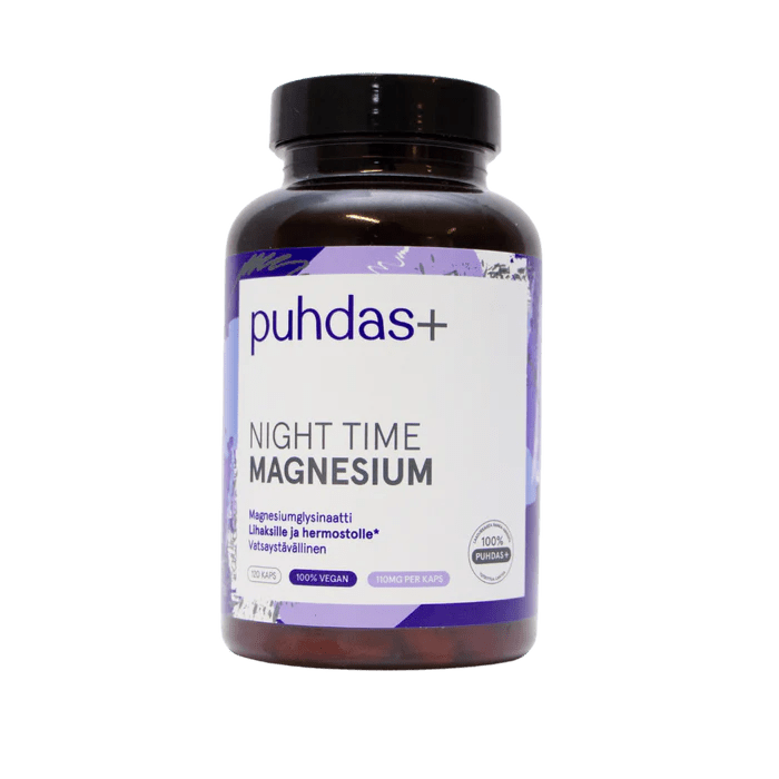 Puhdas+ Night Time Magnesiumglysinaatti 120 kaps - ravintolisä rentoutumiseen ja parempaan uneen