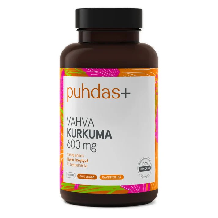 Kuvassa Puhdas+ Vahva Kurkuma 600 mg 120 vegekapselia, luonnollinen ravintolisä kurkuman ja mustapippuriuuteen, joka tukee vastustuskykyä ja nivelterveyttä