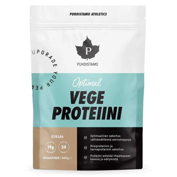 Puhdistamo Athletics Optimal Vege Proteiini Suklaa 600 g - Luonnollinen kasvipohjainen proteiinijauhe suklaan maulla, 600 gramman pakkaus