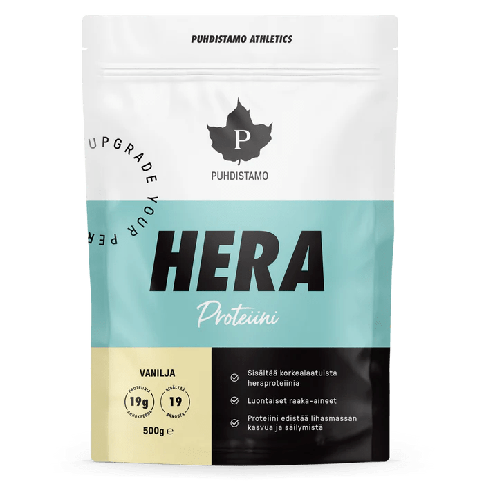Puhdistamo Athletics Heraproteiini Vanilja 500 g - luonnollinen ja laadukas proteiinijauhe urheilijoille ja kuntoilijoille