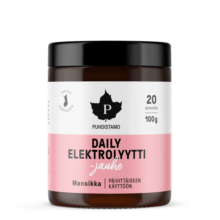Puhdistamo Daily Elektrolyyttijauhe Mansikka 100 g - luonnollinen ja ravitseva mansikkamaustettu elektrolyyttijauhe