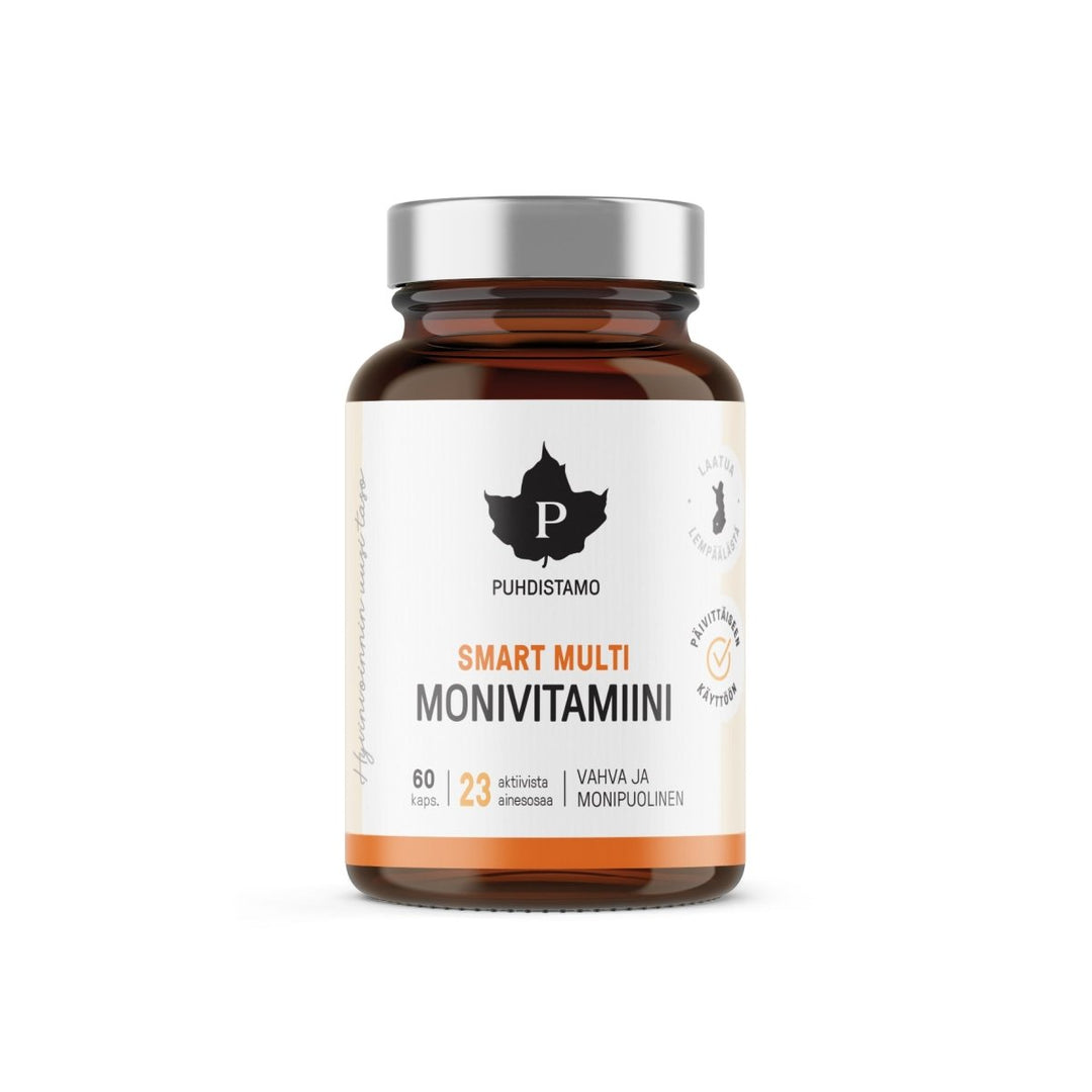 Kuva Puhdistamo Smart Multi Monivitamiini 60 kaps -tuotteesta, joka sisältää kahdeksan B-vitamiinia, C-, D- ja E-vitamiineja, jodia, sinkkiä, mangaania, molybdeenia, Q10:a, luteiinia ja zeaksantaania, suunniteltu vastaamaan nykypäivän ihmisen tarpeita