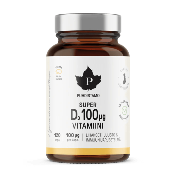  Puhdistamo Super D3-vitamiini 100 mcg -tuotteen kuvassa esiintyy D-vitamiinikapseli