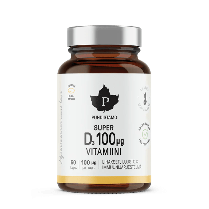 Puhdistamo Super D3-vitamiini 100 mcg -tuotteen kuvassa on luonnollinen D-vitamiinilisä 