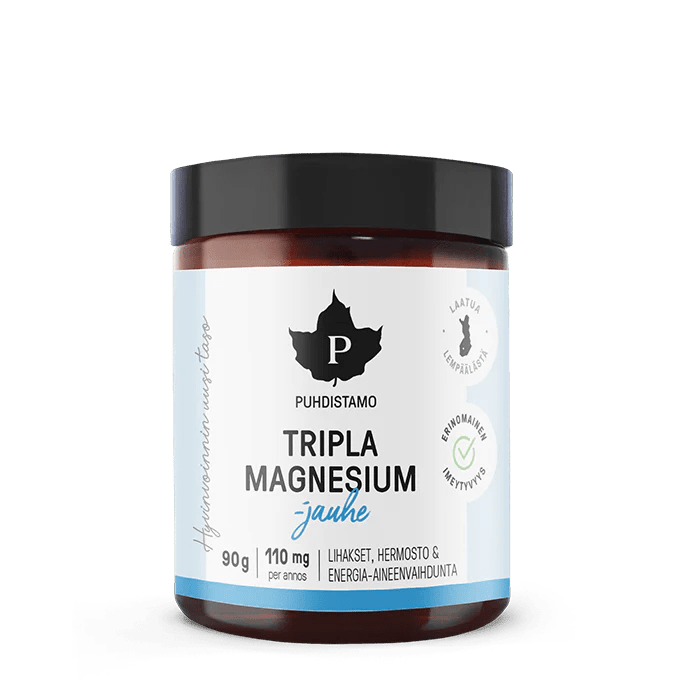 Puhdistamo Tripla Magnesium jauhe 90 g - luonnollinen lisäravinne lihasjännityksen ja unettomuuden helpottamiseen