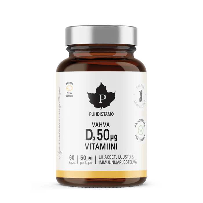 Puhdistamon Vahva D3 50 µg 60 kapselin tuotekuva, joka sisältää 50 mikrogrammaa D3-vitamiinia 60 kapselin muodossa