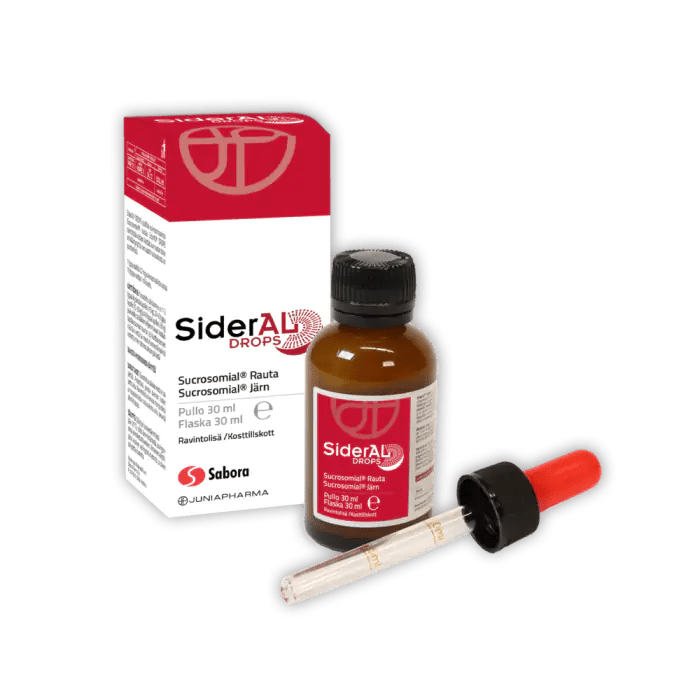  SiderAL Drops Sukrosomiaalinen Rauta 30 ml tuotteen etiketti ja pullo