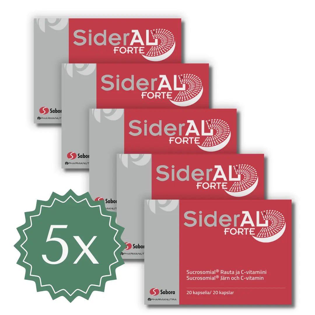Sideral Forte 30mg 5x20 kaps - valokuva purkista rautalisävalmisteesta, joka sisältää 30 milligrammaa rautaa ja on pakattu viiteen 20 kapselin pakkaukseen