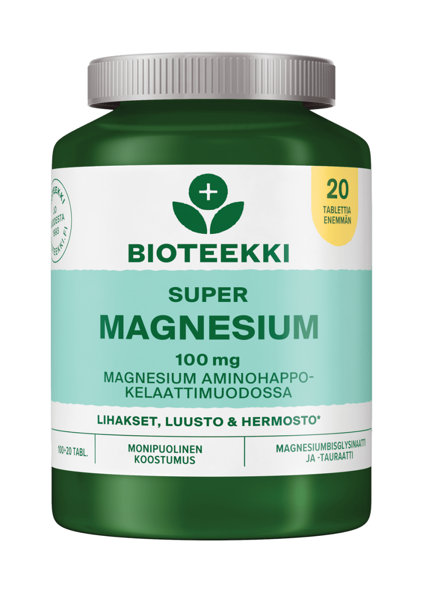 Kuva Bioteekin Super Magnesium Kampanjapakkauksesta, 100 + 20 tablettia, nopeavaikutteinen ja tehokas aminohappokelatoitu magnesiumvalmiste Edistää hermoston ja lihasten normaaleja toimintoja sekä psykologisia toimintoja Maidoton, laktoositon ja gluteeniton