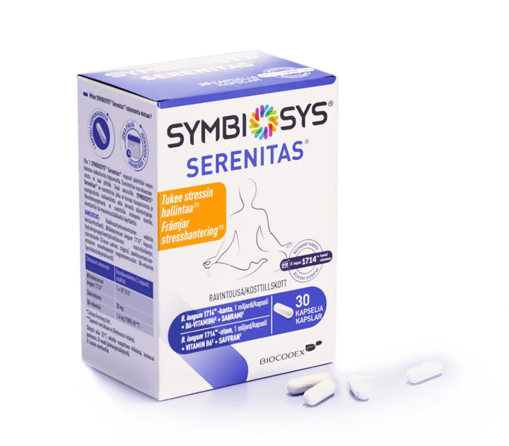 Symbiosys Serenitas -tuotekuvaus: Uutuus Symbiosys® Serenitas® on kehitetty erityisesti stressinhallinnan ja mielen tasapainon tueksi, sisältäen Blongum 1714™ bifidobakteerikannan, sahramiuutteen (Safr’inside™) ja B6-vitamiinin 