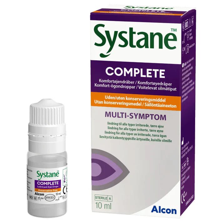 Systane Complete MDPF - Steriili valkoinen emulsiomainen silmätippa valmistettu propyleeniglykolista, hydroksipropyyliguariasta, mineraaliöljystä ja muista aineista lievittämään silmien kuivuudesta johtuvaa polttelua ja ärsytystä