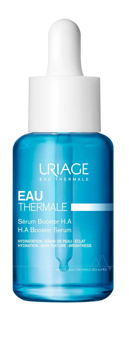 Uriage Eau Thermale Water HA Booster seerumi 30 ml -tuotteen kuvauskuva, joka esittelee seerumin pakkausta ja tuotetta