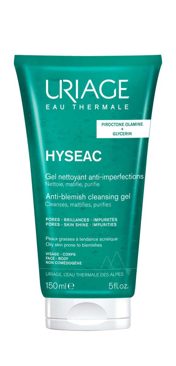 Uriage Hyseac puhdistusgeeli 150 ml - Tuote kuva, joka korostaa puhdistusgeelin pakkausta ja tuotemerkkiä