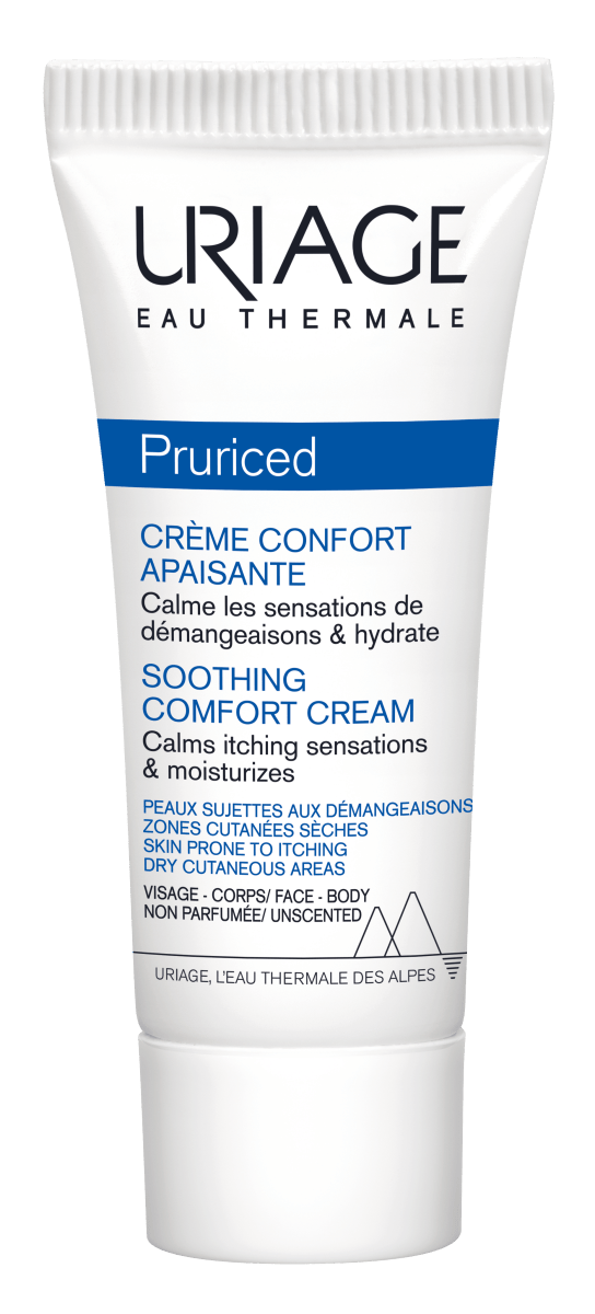 Uriage Pruriced Rauhoittava Comfort -voide 100 ml -tuotteen kuva, joka tarjoaa välitöntä helpotusta kutiavalle iholle