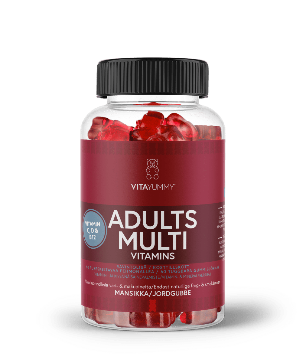 VitaYummy Adults Multi Strawberry 60 kpl, monivitamiini - monivitamiinivalmiste aikuisille, jossa on maistuva mansikan maku