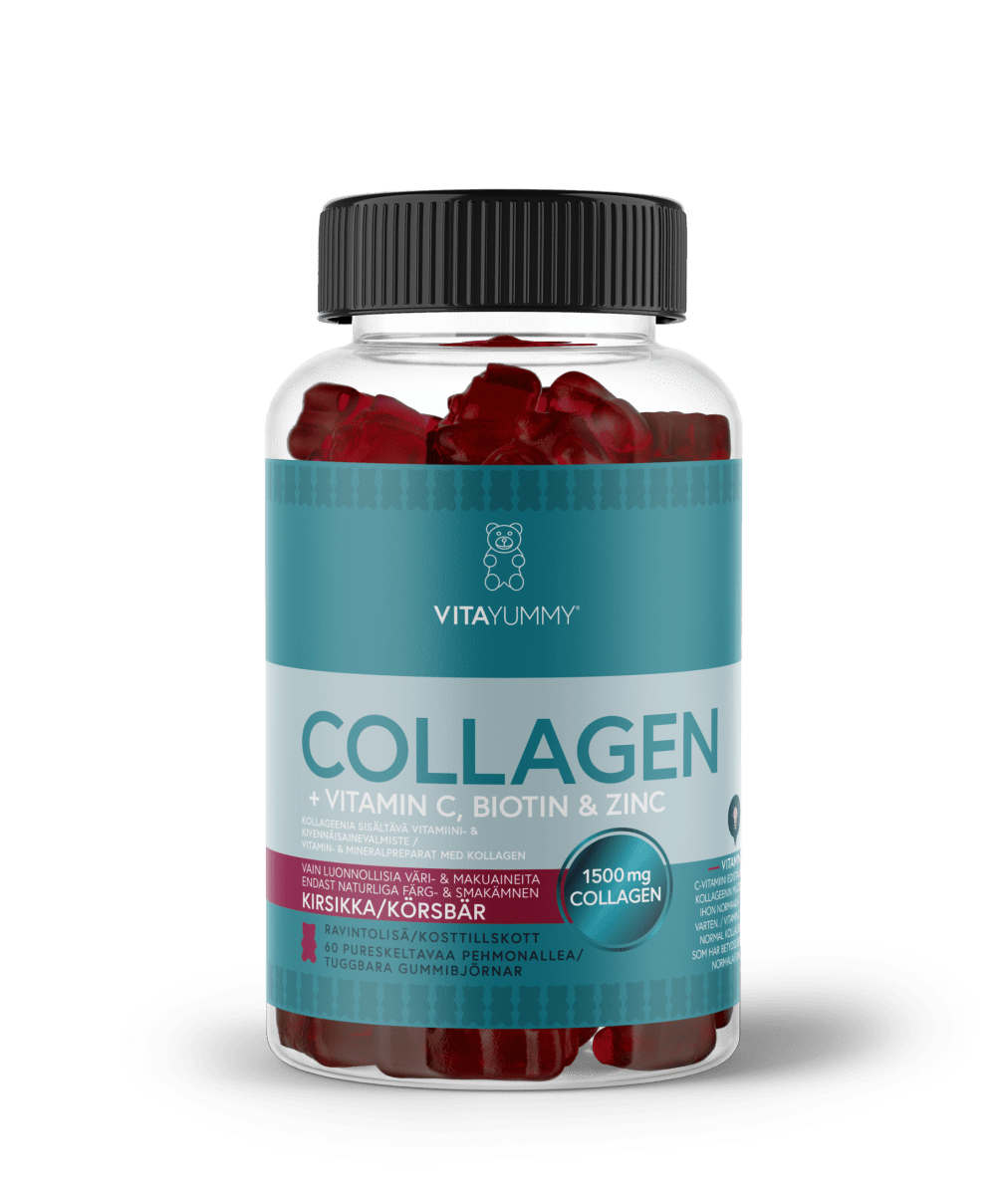 VitaYummy Collagen Cherry 60 kpl, kollageeni - luonnollinen kollageenivalmiste, joka sisältää 60 pureskeltavaa kirsikanmakuisia kollageenitablettia
