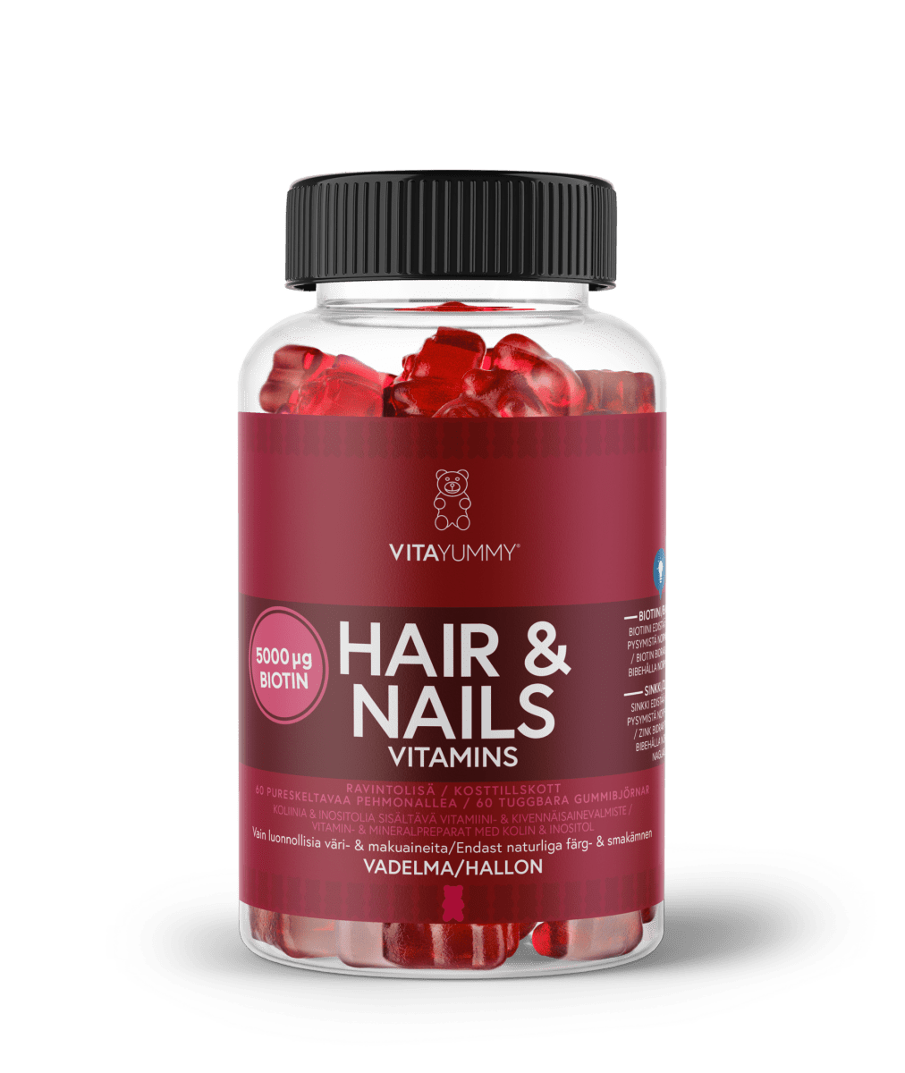 VitaYummy Hair & Nails Raspberry 60 kpl - Ravintolisä hiuksille ja kynsille, joka sisältää 60 purutablettia