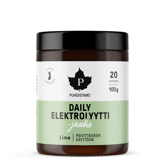 Puhdistamo Daily Elektrolyyttijauhe Lime 100 g - Tuote kuvauskuva elektrolyyttijauheesta