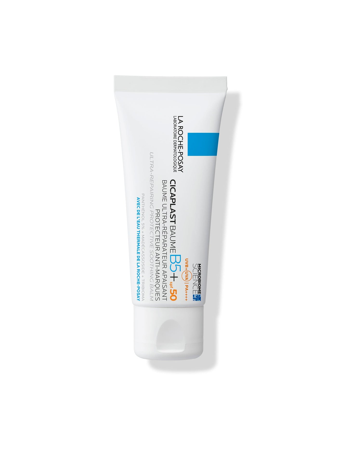 La Roche-Posay Cicaplast Baume B5+ SPF50 -voide 40 ml -tuotekuvaus, jossa näkyy tuotteen pakkaus ja SPF50-suojaus