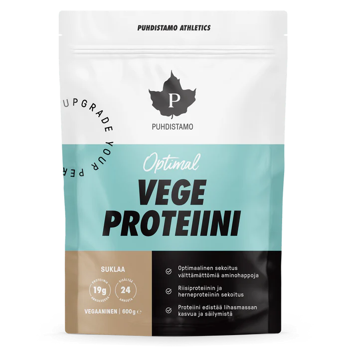 Puhdistamo Athletics Optimal Vege Proteiini Suklaa 600 g - Luonnollinen kasvipohjainen proteiinijauhe suklaan maulla, 600 gramman pakkaus