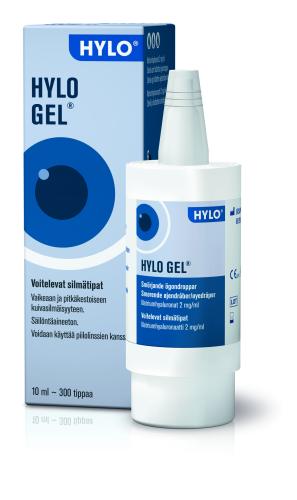 Kuva HYLO-Gel Silmätippa 10 ml -tuotteesta, joka on kosteuttava ja pitkävaikutteinen silmätippa kuivan silmän hoitoon