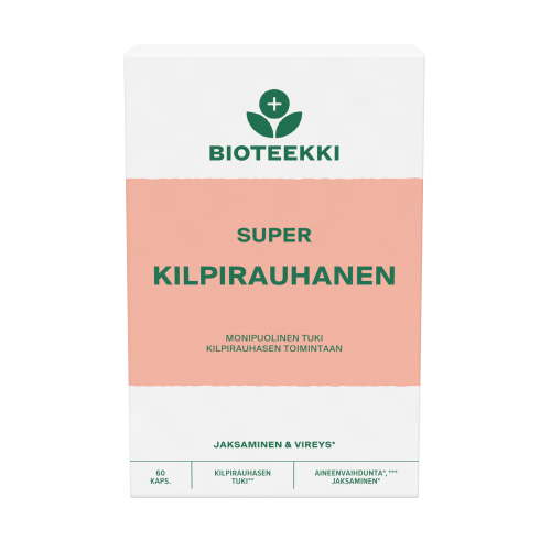 Kuva Bioteekki Super Kilpirauhanen -tuotteesta, monipuolinen ja vahva vitamiini-hivenaineyhdistelmä kilpirauhasen hyvinvoinnille Sisältää seleeniä, jodia ja muita ravintoaineita tasapainoisesti Maidoton ja laktoositon Ei sisällä gluteenipitoisen viljan ainesosia