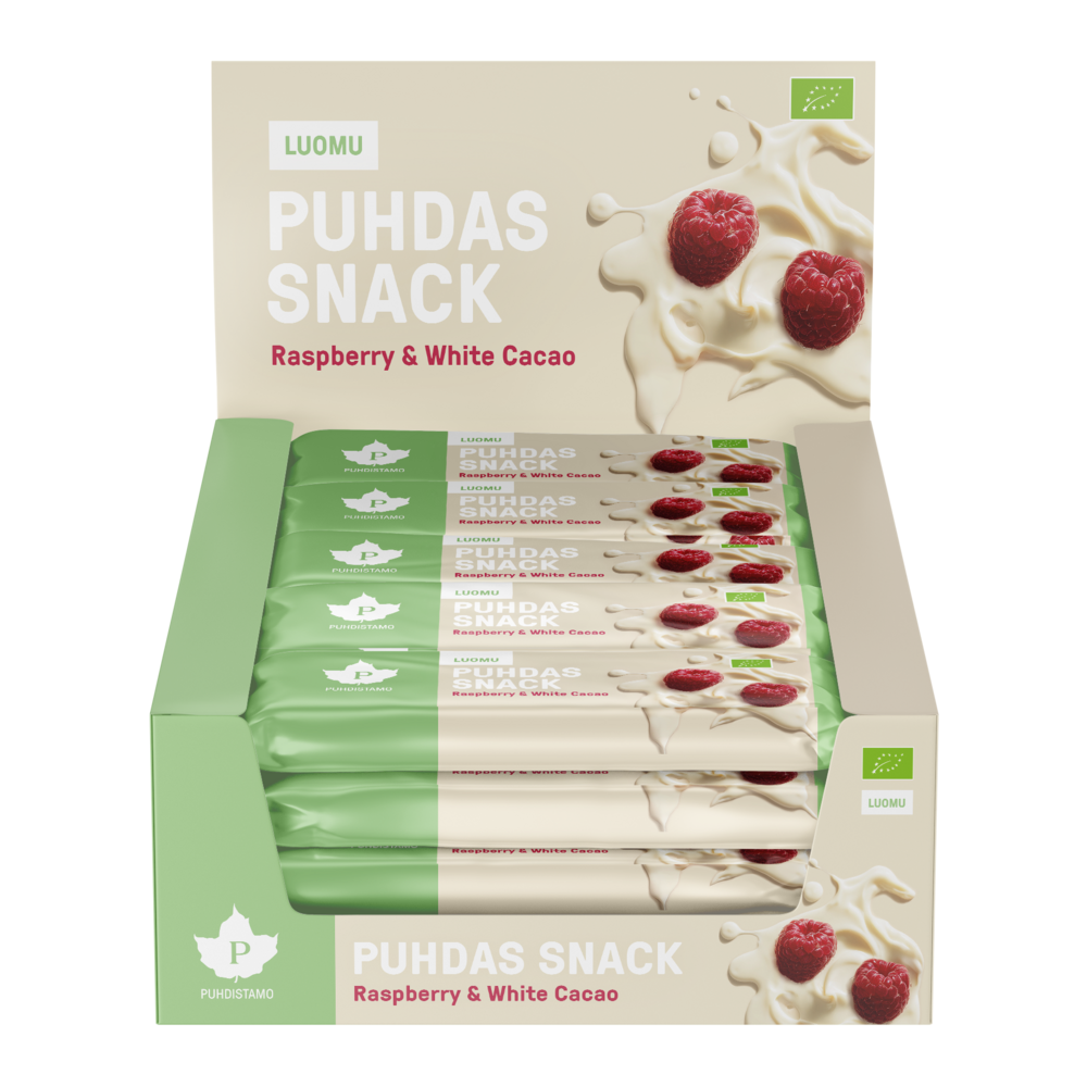 Puhdistamo Puhdas Snack -patukka, Raspberry & White Cacao, Luomu, 40g