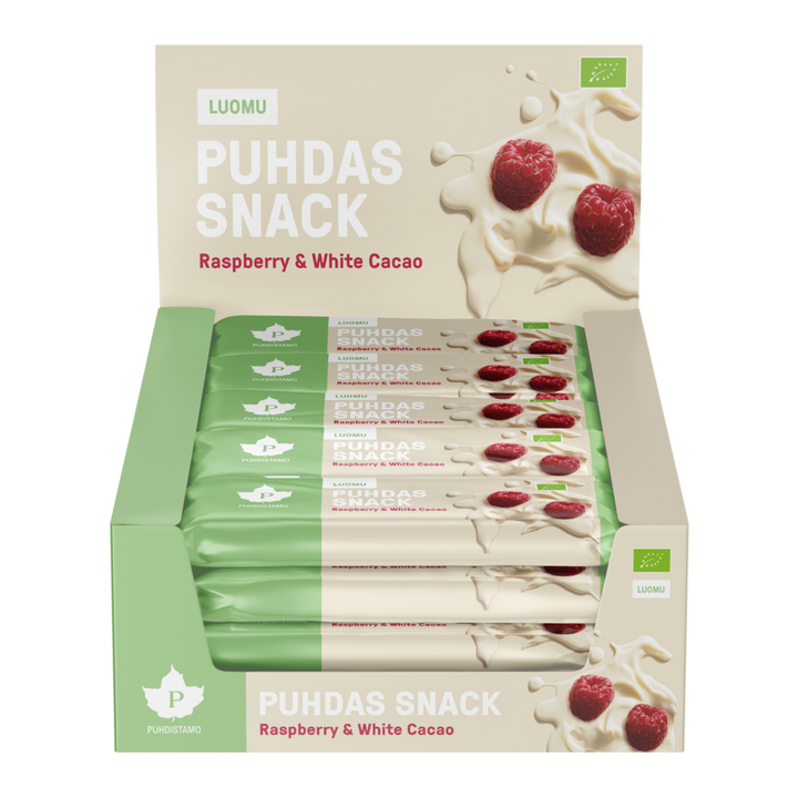Puhdistamo Puhdas Snack -patukka, Raspberry & White Cacao, Luomu, 40g